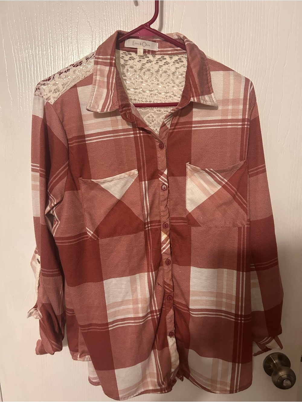Eden & Olivia Rust and Cream Plaid Button-Up with Lace Yoke